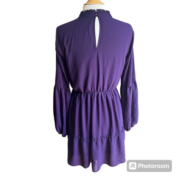 Purple Small Mock Neck Long Sleeve Tiered Keyhole Closure Lace Detail Mini Dress - Picture 4 of 5